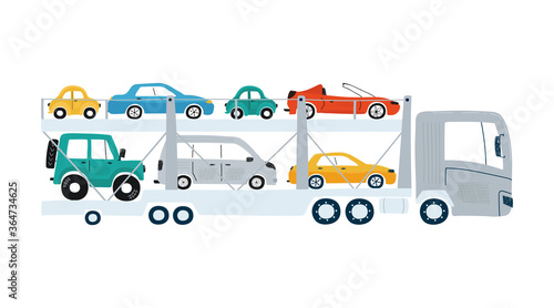 Car transporter isolated on a white background in flat style. Icons kids cars for design of children's rooms, clothing, textiles. Vector illustration