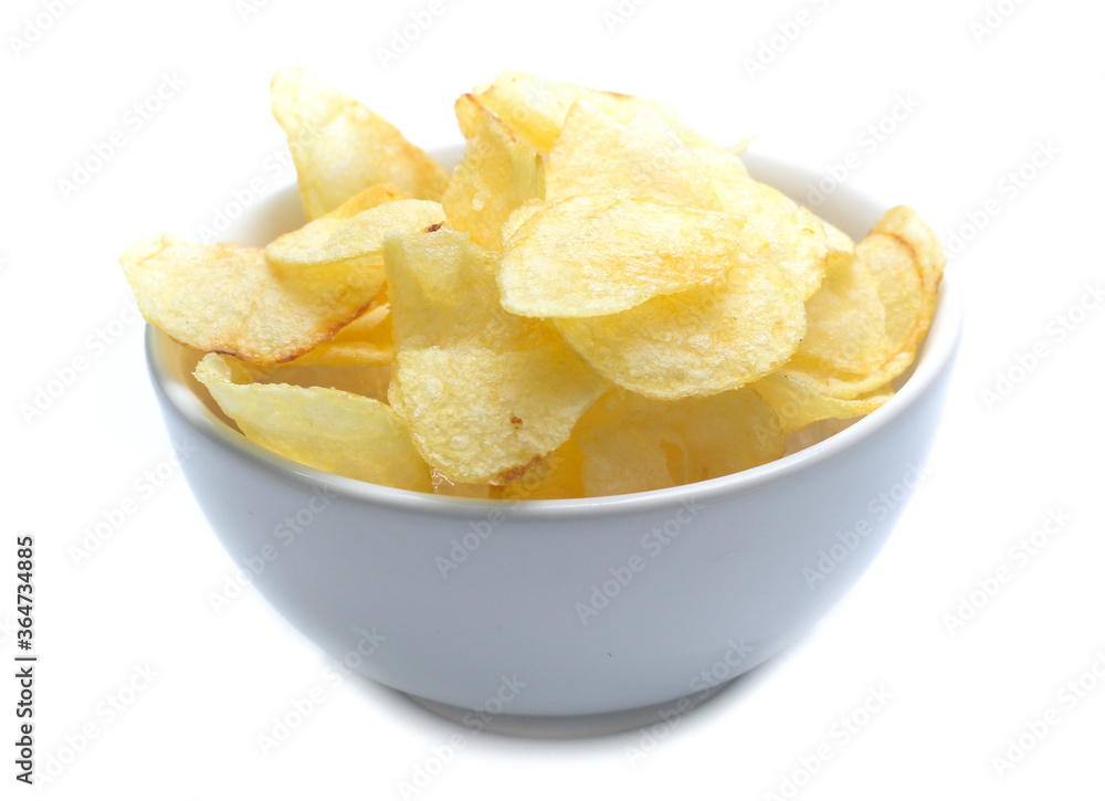 Potato chips on bowl isolated on white Potato chips on bowl isolated on white