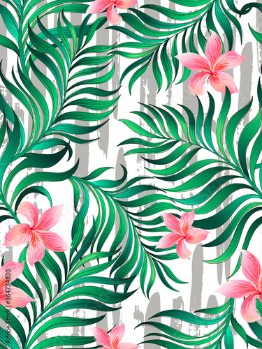 Tropical vector seamless background. Jungle pattern with exitic flowers, and palm leaves. Stock vector. Jungle vector vintage wallpape