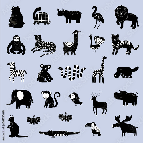 Big collection with hand drawn animals silhouette. Cute kids style template for game and education. Flat design vector illustration