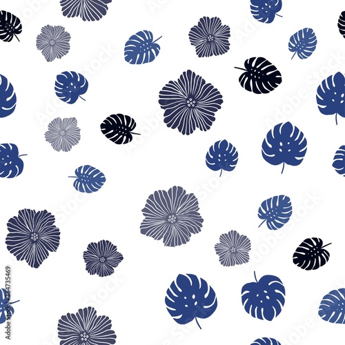 Dark BLUE vector seamless elegant background with flowers, leaves. Colorful illustration in doodle style with leaves, flowers. Pattern for design of fabric, wallpapers.