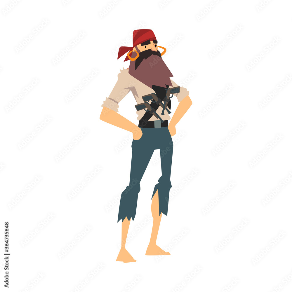 Funny Brave Pirate Standing with Hands on His Hips, Male Buccaneer Cartoon Character Vector Illustration Funny Brave Pirate Standing with Hands on His Hips, Male Buccaneer Cartoon Character Vector Illustration