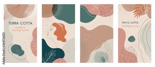Social media stories set of abstract modern backgrounds with terra cotta pastel color combinations, shapes and tropical palm , monstera leaves, one line women face logo icon. For advertising, branding