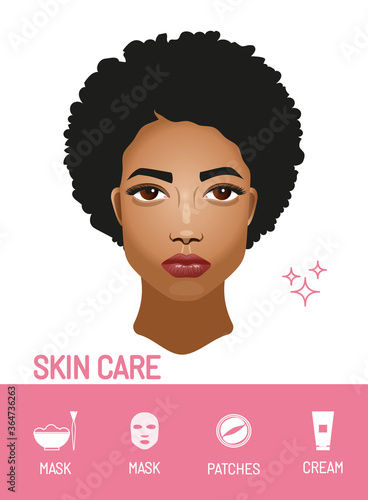 Skin care preparation for make-up. Young afro american woman with a national afro hairstyle. Icons of cosmetics: face mask, eye patches, cream.	