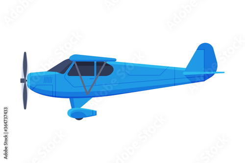 Retro Blue Airplane with Propeller, Flying Aircraft Vehicle, Air Transport Vector Illustration