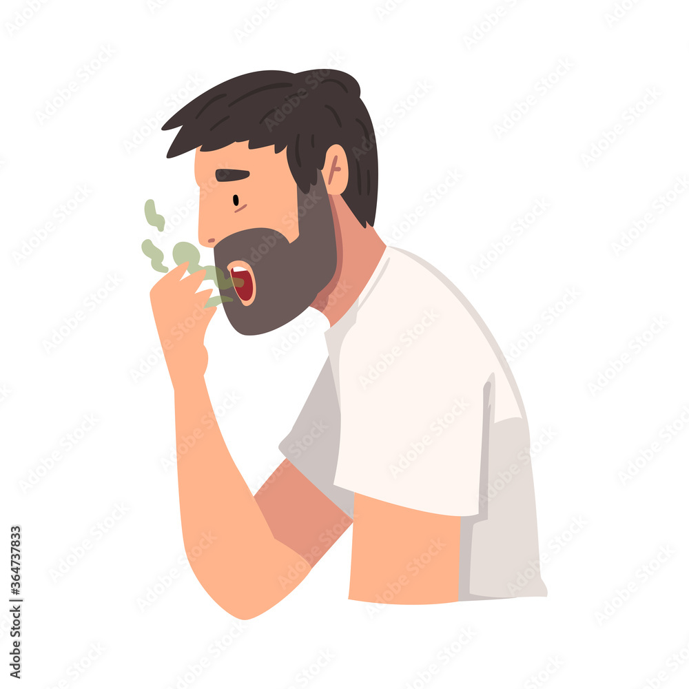 Young Man Having Bad Breath, Guy Having Body Odor Problem Vector Illustration