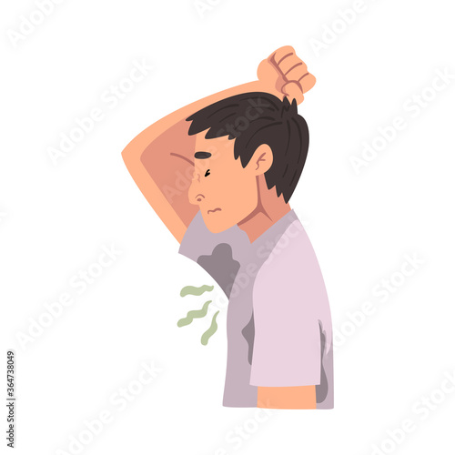 Sweating Young Man Feeling Bad Smell Coming From His Own Armpits Vector Illustration