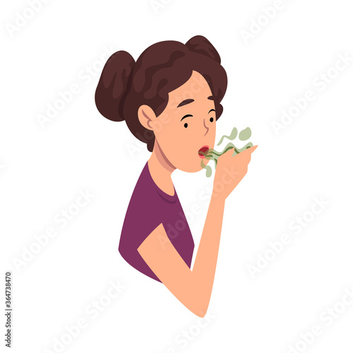 Girl Breathing to Her Hand to Check and Smell Her Bad Breath Vector Illustration