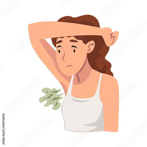 Sweating Young Woman Feeling Bad Smell Coming From Her Own Armpits Vector Illustration