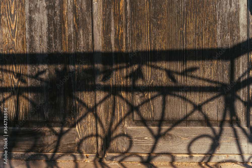 Ancient Weathered Wooden Doors with Shadow of Ornate Iron Fence