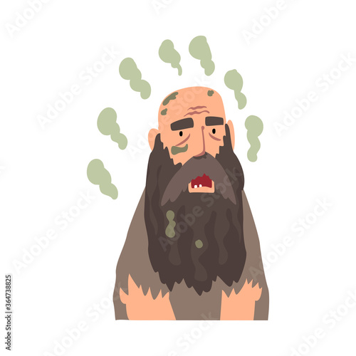 Bearded Homeless Man in Dirty Clothing, Bad Smelling Guy Vector Illustration