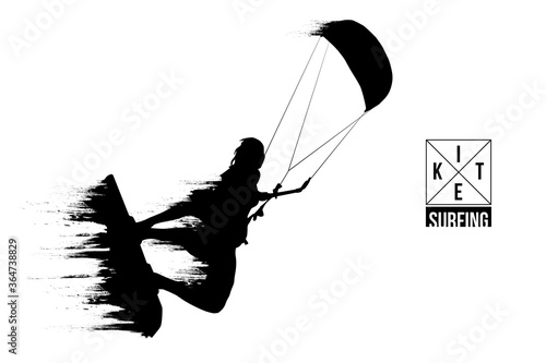 Kitesurfing and kiteboarding. Silhouette of a kitesurfer. Man in a jump performs a trick. Big air competition. Vector illustration. Thanks for watching