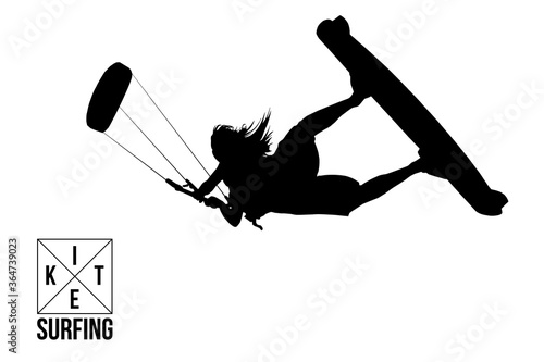 Kitesurfing and kiteboarding. Silhouette of a kitesurfer. Woman in a jump performs a trick. Big air competition. Vector illustration. Thanks for watching