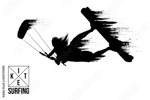 Kitesurfing and kiteboarding. Silhouette of a kitesurfer. Woman in a jump performs a trick. Big air competition. Vector illustration. Thanks for watching