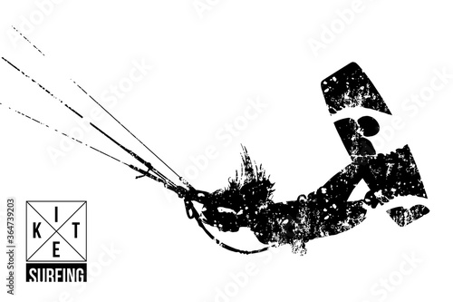 Kitesurfing and kiteboarding. Silhouette of a kitesurfer. Woman in a jump performs a trick. Big air competition. Vector illustration. Thanks for watching