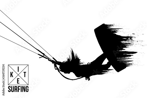 Kitesurfing and kiteboarding. Silhouette of a kitesurfer. Woman in a jump performs a trick. Big air competition. Vector illustration. Thanks for watching