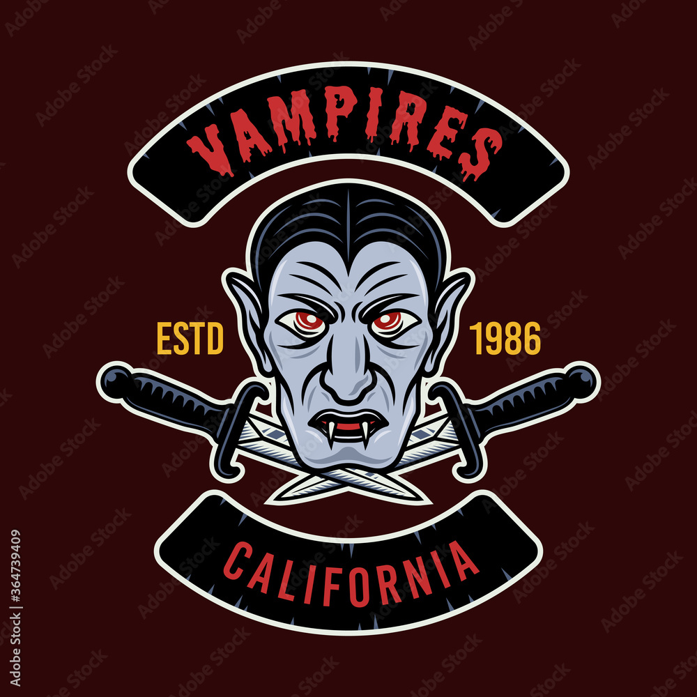 Vampire head and knives colorful vector emblem