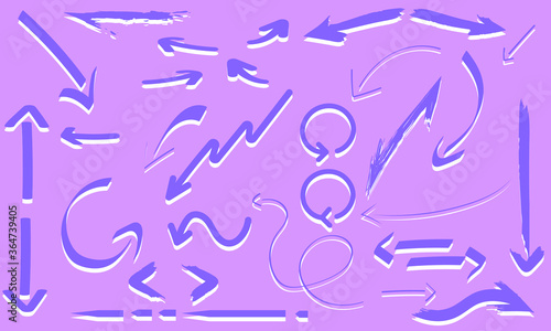 Group of arrows in pink at different angles and positions pointing down, up, left, right, half turn, uphill, circle, front and back