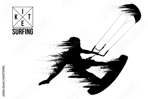 Kitesurfing and kiteboarding. Silhouette of a kitesurfer. Man in a jump performs a trick. Big air competition. Vector illustration. Thanks for watching