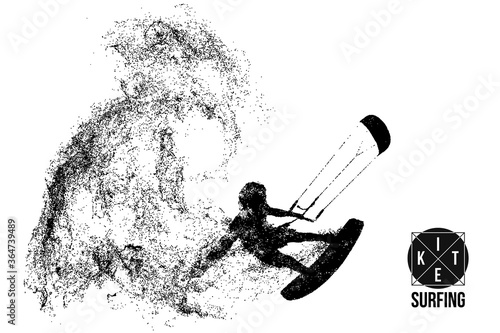 Kitesurfing and kiteboarding. Silhouette of a kitesurfer. Man in a jump performs a trick. Big air competition. Vector illustration. Thanks for watching