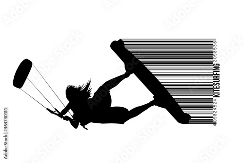 Kitesurfing and kiteboarding. Silhouette of a kitesurfer. Woman in a jump performs a trick. Big air competition. Vector illustration. Thanks for watching