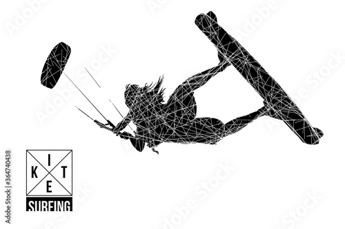 Kitesurfing and kiteboarding. Silhouette of a kitesurfer. Woman in a jump performs a trick. Big air competition. Vector illustration. Thanks for watching