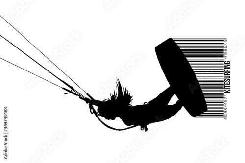 Kitesurfing and kiteboarding. Silhouette of a kitesurfer. Woman in a jump performs a trick. Big air competition. Vector illustration. Thanks for watching