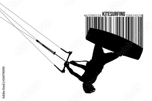 Kitesurfing and kiteboarding. Silhouette of a kitesurfer. Man in a jump performs a trick. Big air competition. Vector illustration. Thanks for watching