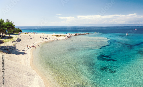 Drone view at empty beautiful coast in Greece, Halkidiki Peninsula