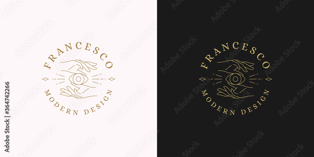 Fototapeta premium Female gesture hands with eye line vector logo emblem design template illustration simple minimal linear style