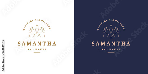 Vector line logos emblems design templates set - female gesture hand and nails illustrations simple linear style