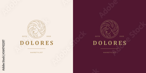 Beautiful female line profile face with hairs vector logo emblem design template illustration simple linear style