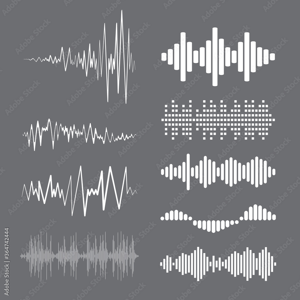Collection white music wave on grey background. Set of isolated audio logos, pulse players, equalizer symbols sound design elements. Jpeg illustration
