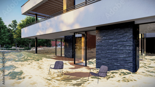 flooded road during a flood caused by heavy rain 3d rendering