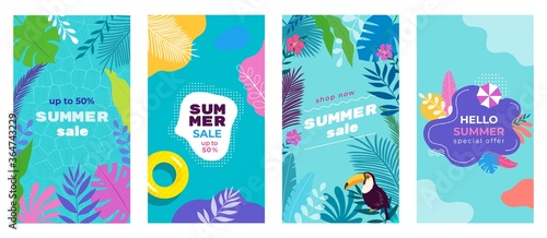 Summer Sale Social Media Stories background Banner Templates set with tropical leaves, plumeria, monstera, sand umbrella, toucan, pool floats, pool background. Template for for flyer, web and print.