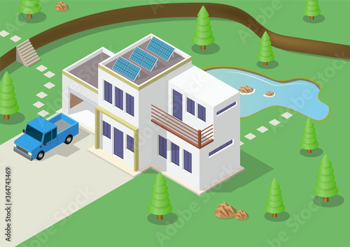 Isometric Green Eco Friendly House With Solar Panel.