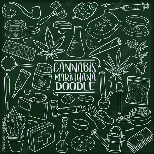 Cannabis Drug. Chalkboard Doodle Icons. Sketch Hand Made Design Vector Art.