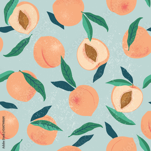 Peach or apricot seamless pattern. Hand drawn fruit and sliced pieces. Summer tropical endless background. Vector fruit design for label, fabric, packaging