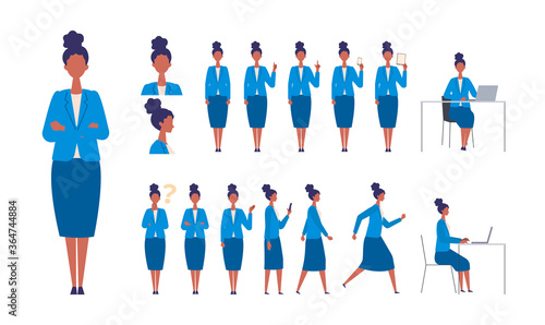 Set of businesswoman characters in different poses. Working, standing, walking, sitting and running.