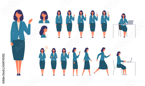 Set of businesswoman characters in different poses. Working, standing, walking, sitting and running.