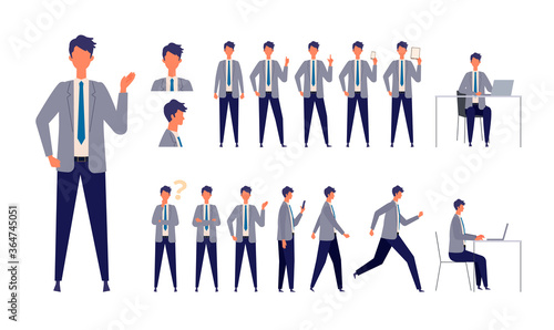 Set of businessman characters in different poses. Working, standing, walking, sitting and running.