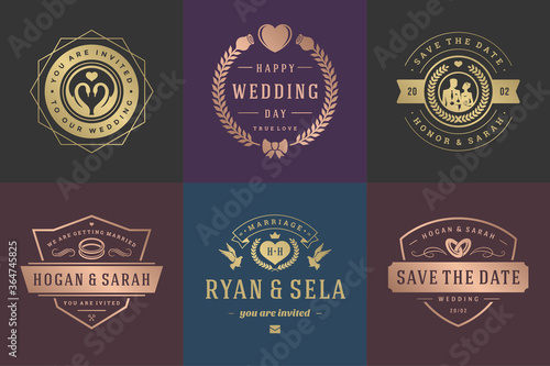 Wedding invitations save the date logos and badges vector elegant templates set
