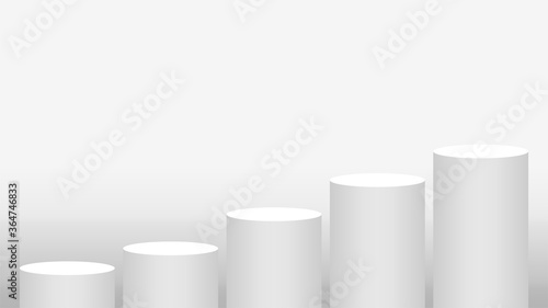 pedestal cylinder circle 5 steps for cosmetics showcase, podium circle stage white grey and silver color, platform five steps and advertising copy space, podium round for product display