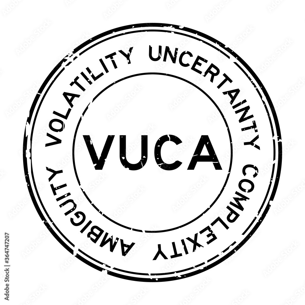 Grunge black VUCA (abbreviation of Volatility, uncertainty, complexity and ambiguity) word round rubber seal stamp on white background