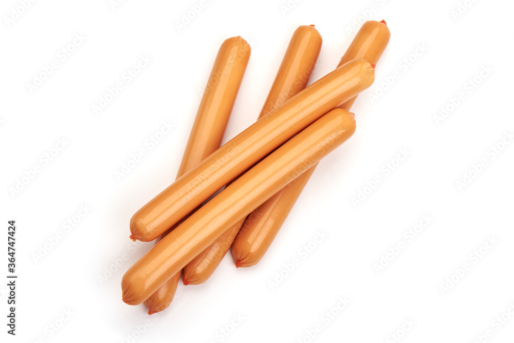 Boiled sausages in the polymer shell, isolated on white background Boiled sausages in the polymer shell, isolated on white background
