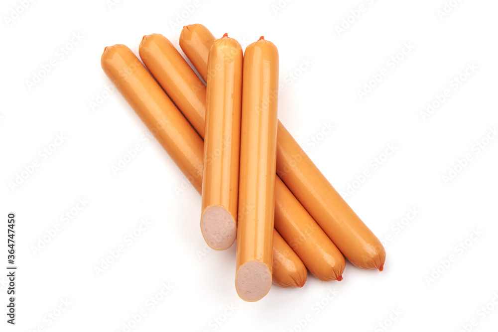 Boiled pork sausages in the shell, isolated on white background Boiled pork sausages in the shell, isolated on white background