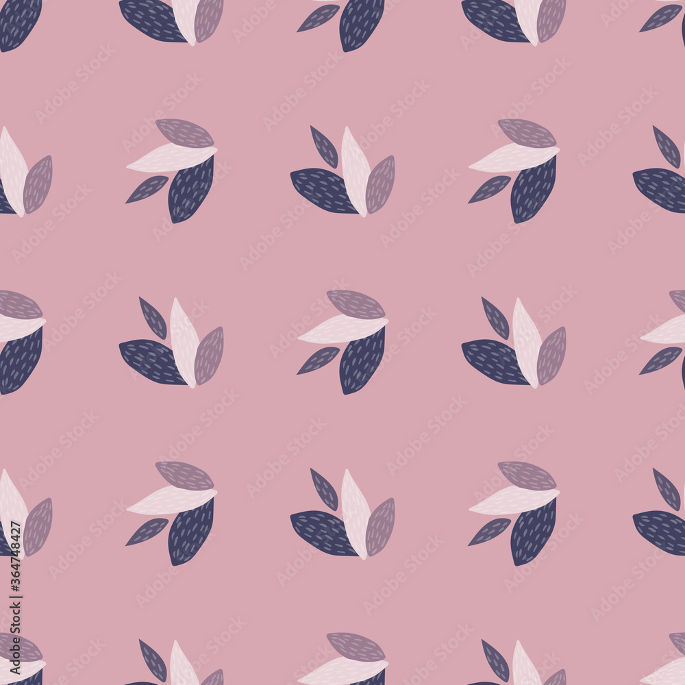 Spinning leafs with purple and light tones seamless pattern. Lilac background. Spring wallpaper. Designed for textile, wrapping paper, wallpaper, fabric print. Vector illustration.
