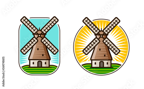 Windmill logo or symbol. Agriculture, farm, food concept