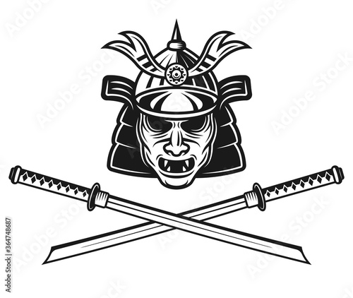Samurai mask and two crossed katana swords vector