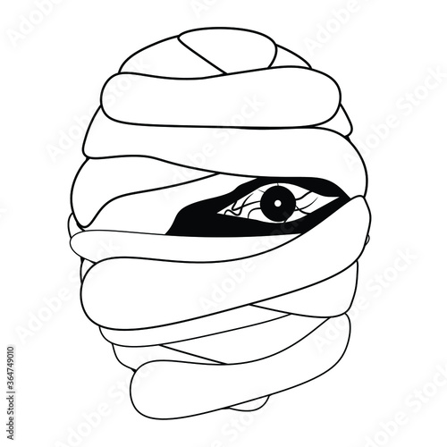 Mummy monster head isolated on white background, Halloween theme black and white flat design